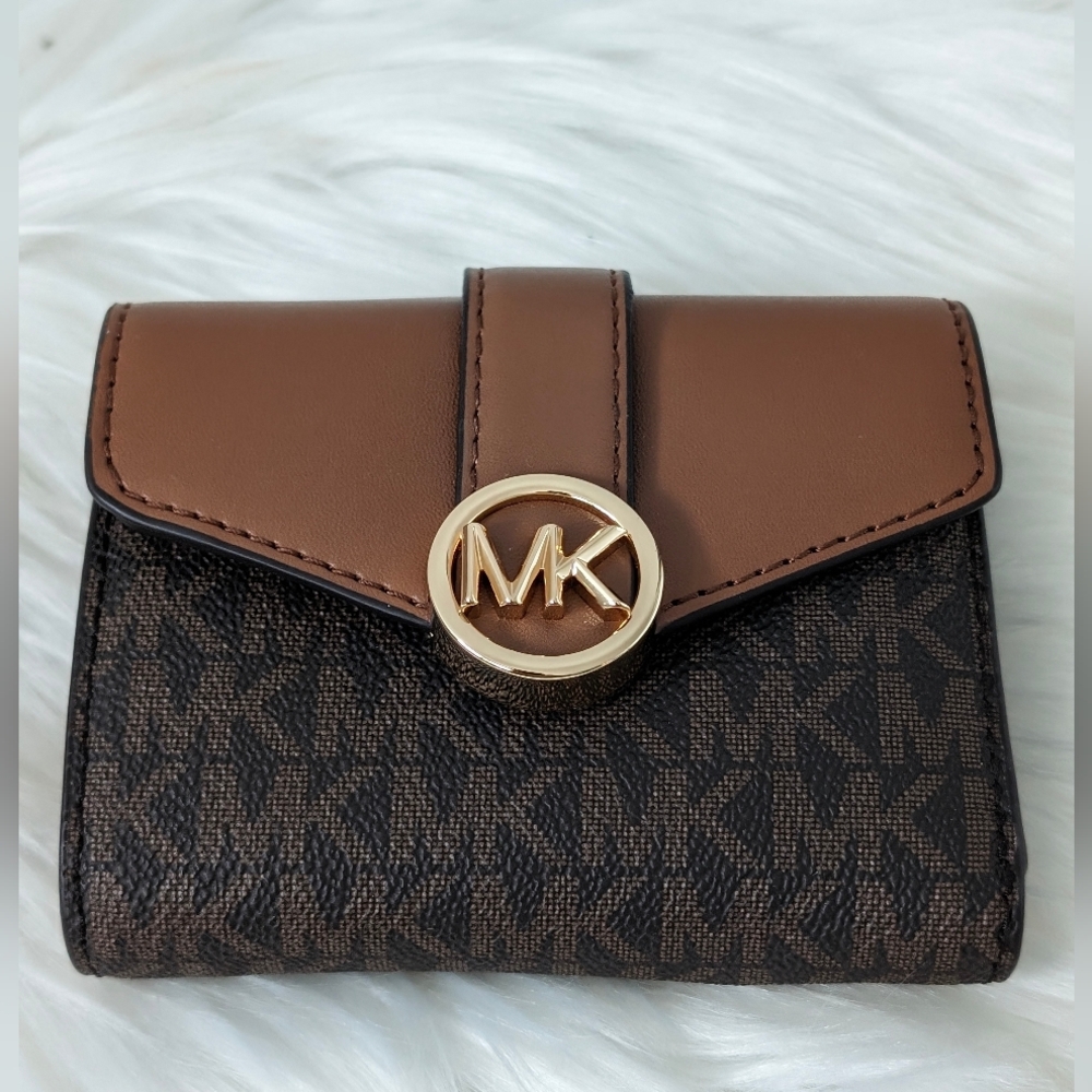 Michael Kors Brown Monogram Continental Wallet with Gold Logo